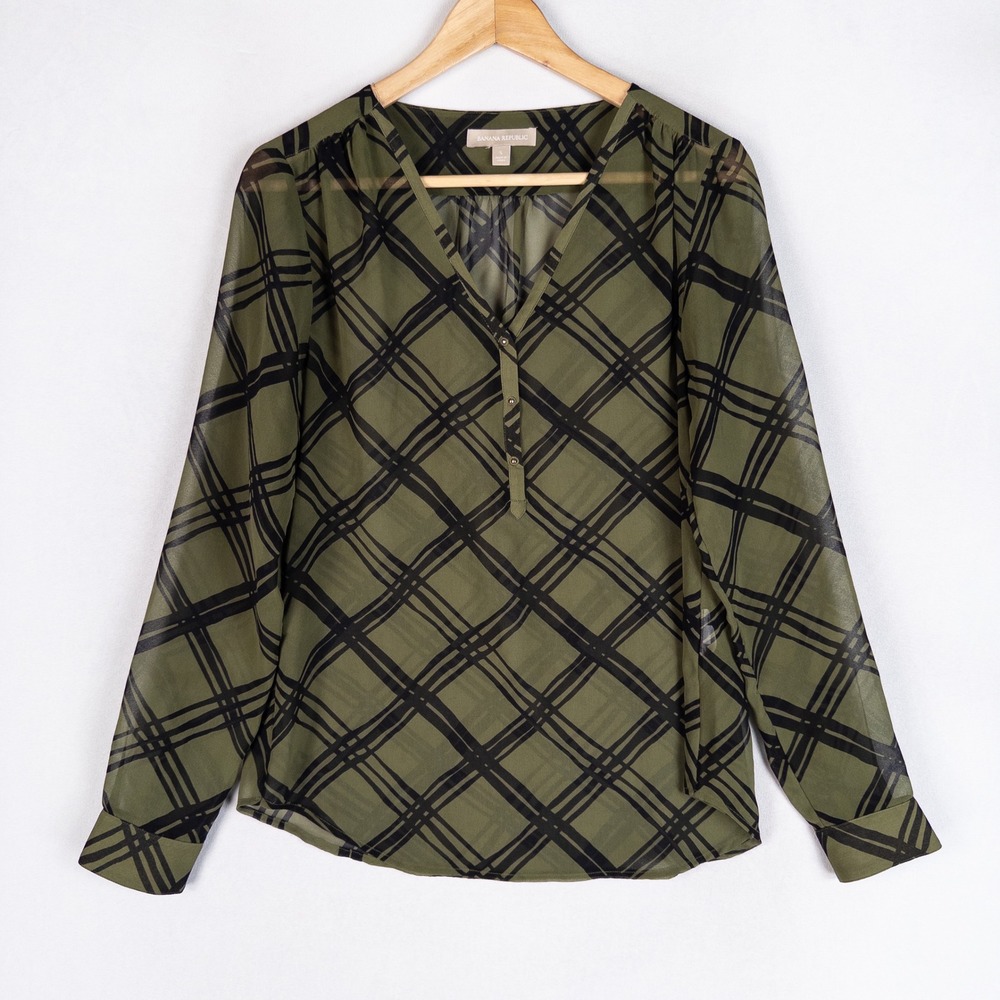 Banana Republic Sheer Blouse Green Black Geometric Women's Size Small Layering